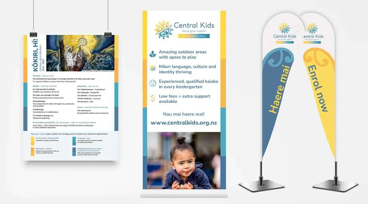 Central Kids visuals of poster, pull up banner and flags.